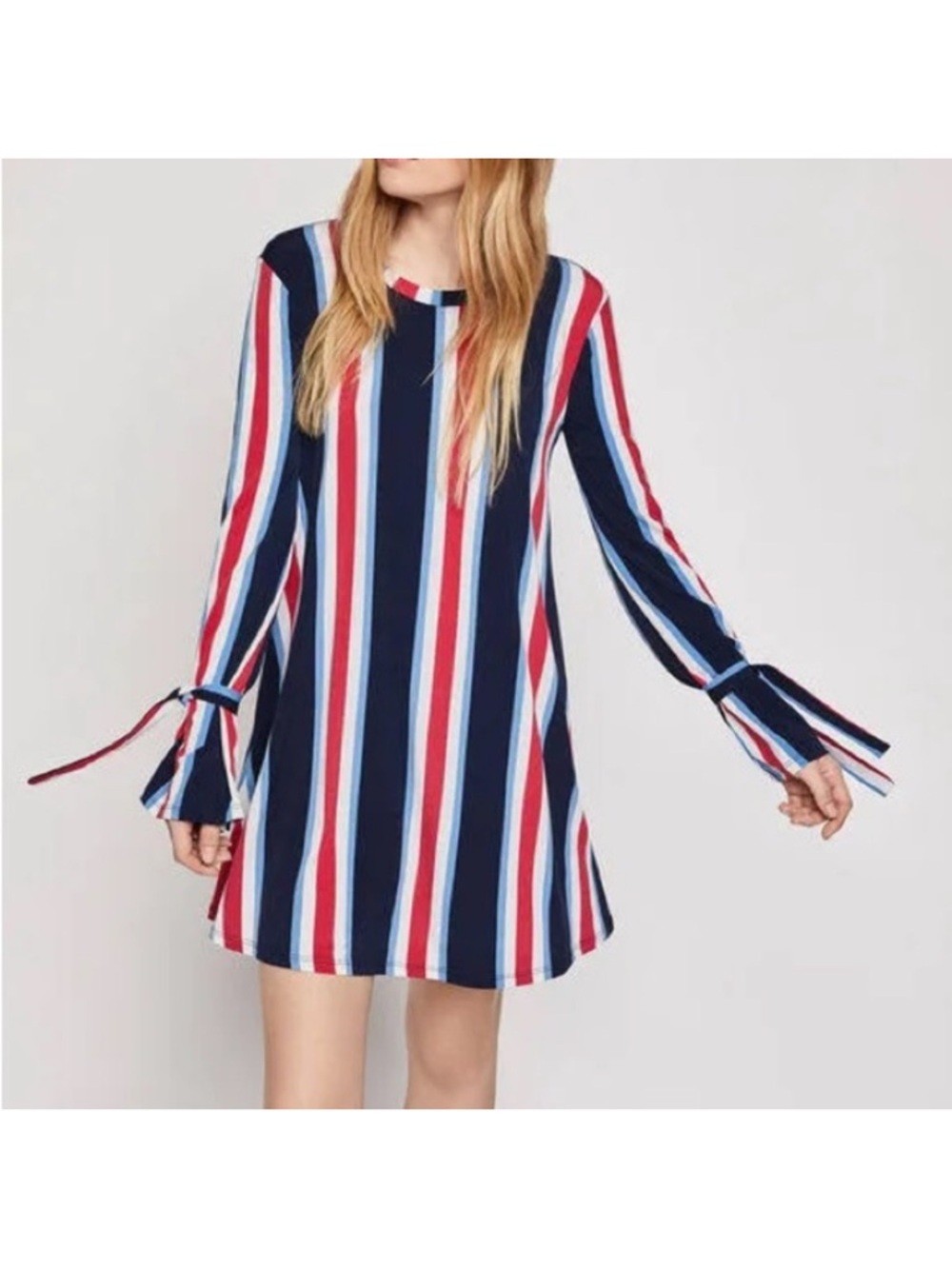 BCBGeneration Striped Wrist-Tie A-Line Swing Dress Blue / Navy / Red Size XL